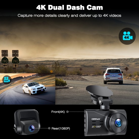 Campark DC30A Dash Cam Native 4K Front and 1080P Rear Car Camera