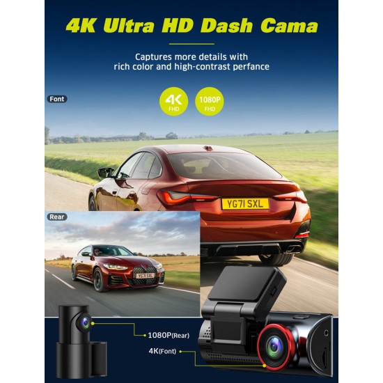 Campark C350 4K+1080P WIFI Front And Rear USB Charging Dash Cam With 3.16"  IPS Touchscreen