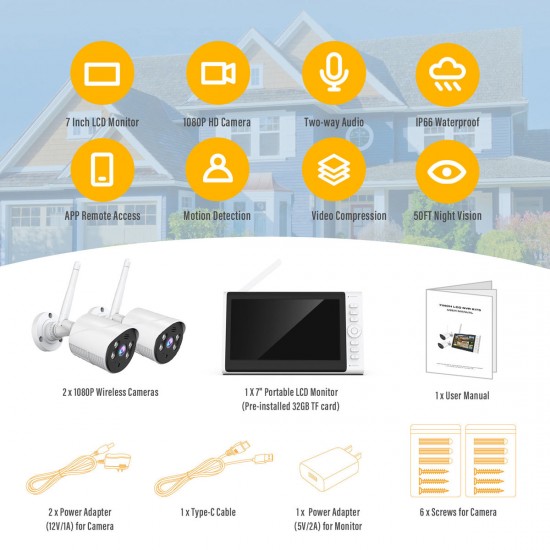 Campark SC01 1080P 2PCS Wireless Security Camera with 7" LCD Monitor And 32GB SD Card Campark SC01 1080P 2PCS Wireless Security Camera with 7" LCD Monitor And 32GB SD Card