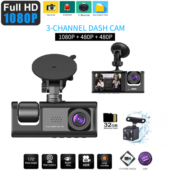 3-Channel Dash Cam For Cars Front & Inside & Rear Recording, 1080P HD Loop Recording, Car DVR Black- Box With 2 Inch IPS Screen, Car Accessories 3-Channel Dash Cam For Cars Front & Inside & Rear Recording, 1080P HD Loop Recording, Car DVR Black- Box With 2 Inch IPS Screen, Car Accessories