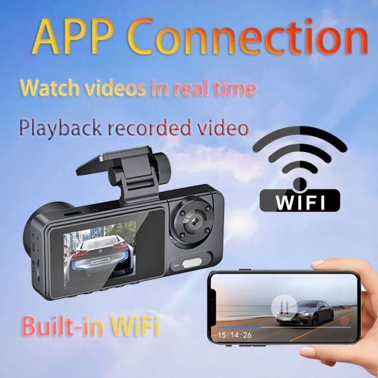 Dash Cam 1080P HD Triple-Lens Recording 3-Cam DVR Night Vision Wi-Fi  Car Camera with 32G Card