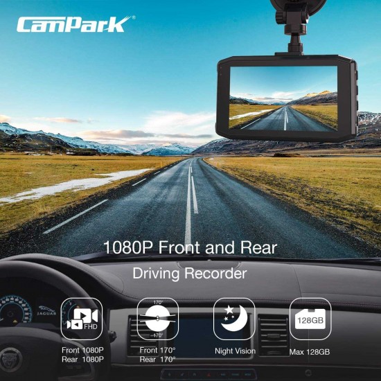 Campark DC20 Dash Cam Front and Rear Dual 1080P Car Camera with 340° Wide Angle Recording                  