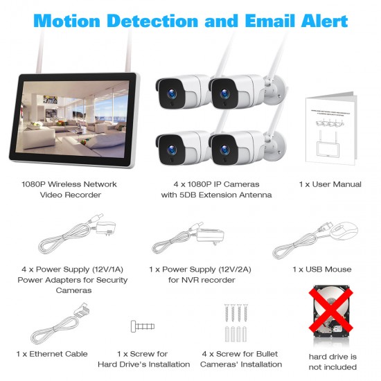 Campark W400 1080P 8CH NVR 4Pcs Wireless Security Camera System With 12 inch LCD Monitor